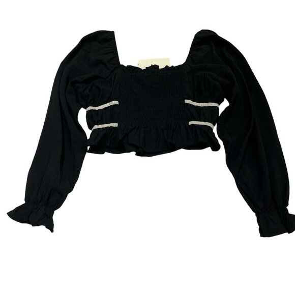 Thirty Thirty Y2K Top L‎ Black Milkmaid Cropped Puff Sleeve Smocked Coquette - Picture 2 of 9